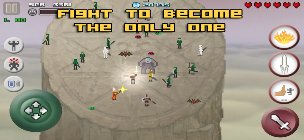 Only One - Only Oneモバイルゲームのピクセルアートキャラクターが石の柱の上にあるアリーナで戦っている様子