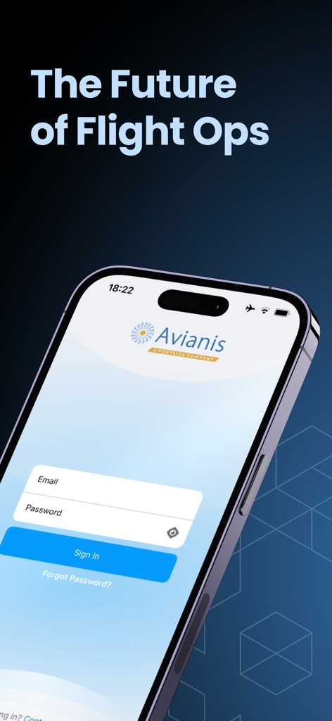 Avianis - Login screen of the Avianis flight operations app featuring the slogan The Future of Flight Ops.