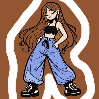 girl in baggy pants crop top and long hair
