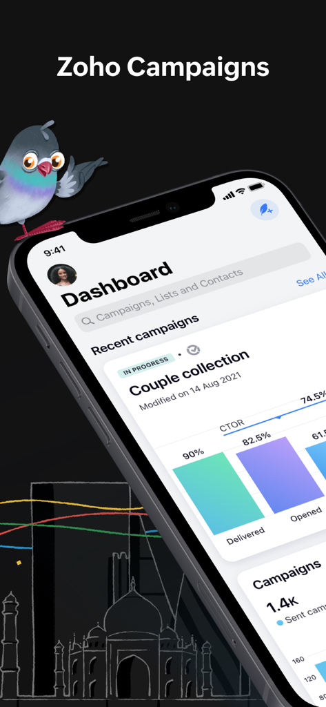 Zoho Campaigns-Email Marketing - Zoho Campaigns mobile app dashboard showing email marketing analytics and recent campaign reports