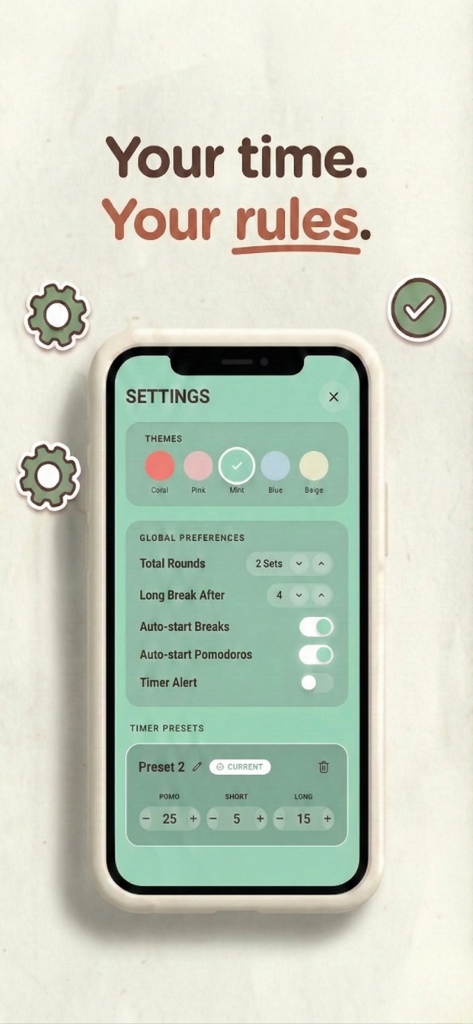 Podo - Pomodoro Timer - Settings screen of Podo Pomodoro Timer showing theme options and session preferences.