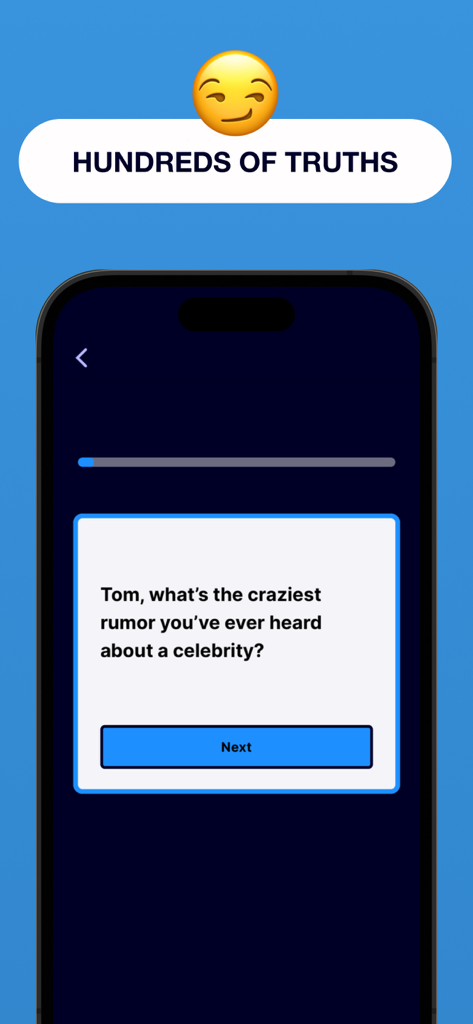 Interfaccia dell'app Truth or Truth che mostra una domanda rompighiaccio personalizzata sui pettegolezzi delle celebrità.