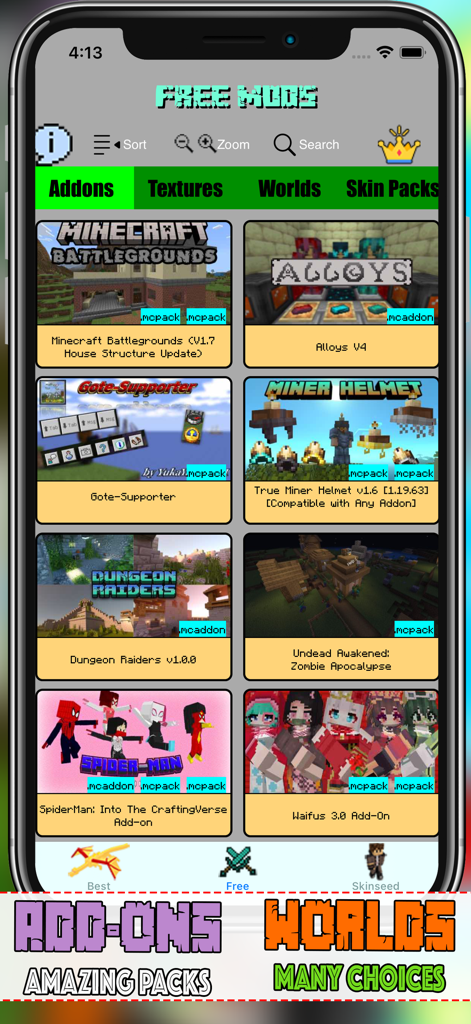 Interface of the Monster Add-ons for Minecraft app showing a variety of available mods and category tabs