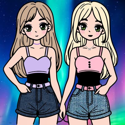 two sisters with crop tops and jean shorts and straight hair