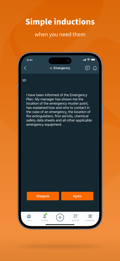 Safe Ag Systems™ - App Safe Ag Systems che mostra una schermata di induzione di emergenza con un modulo di conferma e pulsanti di accettazione.