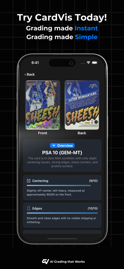 CardVis - Sports & TCG Grading - CardVis app interface showing an AI sports card grading report with a PSA 10 result