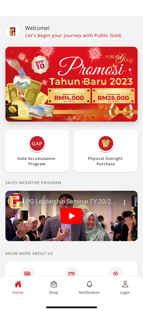 Public Gold app home screen featuring gold accumulation programs and physical gold purchase options.