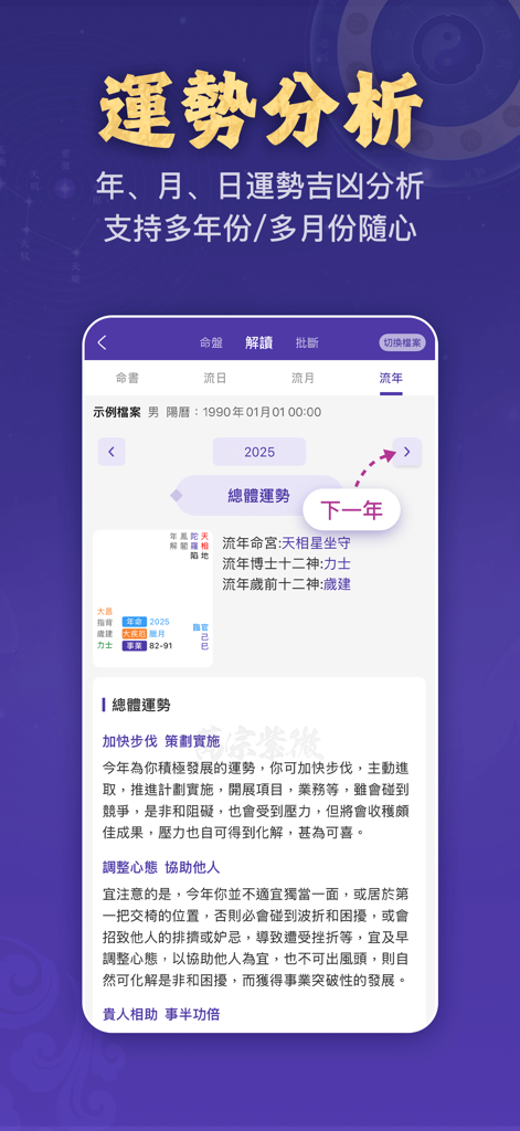 Una pantalla de aplicación móvil que muestra un análisis de fortuna anual de Zi Wei Dou Shu para 2025 con interpretaciones detalladas de astrología china.
