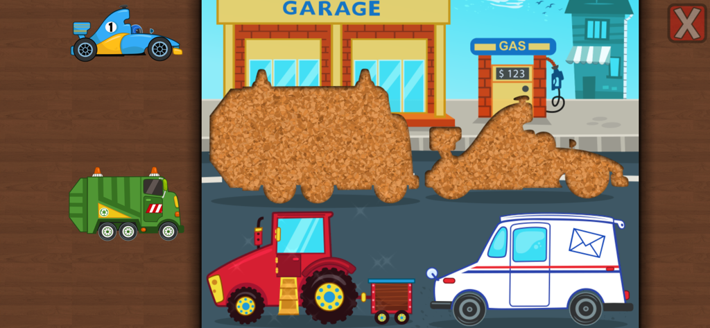 Car Puzzle for Kids - Una pantalla de juego de rompecabezas de coches para niños con coloridos vehículos de dibujos animados y siluetas de formas coincidentes en un entorno de calle.