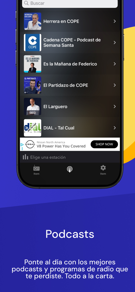 A mobile interface for the Radio FM app showing a list of Spanish radio programs and podcasts including Cadena COPE and El Larguero