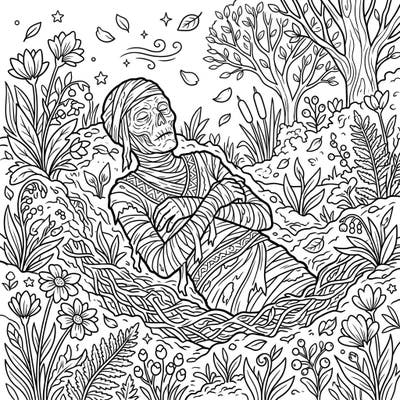 Uncover a fascinating blend of ancient history and natural beauty with this unique coloring page. A mummified figure rests peacefully amidst a lush spring garden, offering a captivating challenge for teen artists.