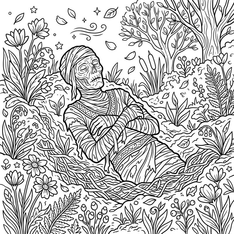 Uncover a fascinating blend of ancient history and natural beauty with this unique coloring page. A mummified figure rests peacefully amidst a lush spring garden, offering a captivating challenge for teen artists.