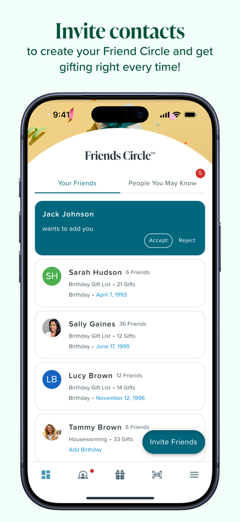 Mobile app screen showing the Friends Circle feature on MyRegistry where users can manage friend requests and view gift lists