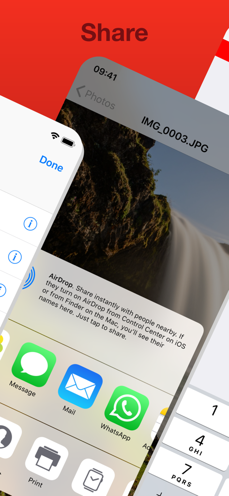 USB Disk Pro - Interface of USB Disk Pro showing file sharing options like AirDrop and WhatsApp