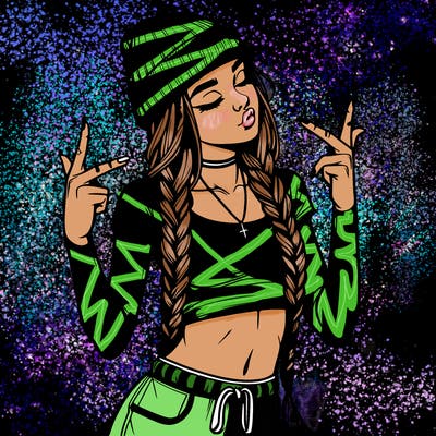 realistic teenage girl with braids and a beanie and crop top doing 🫶🏼