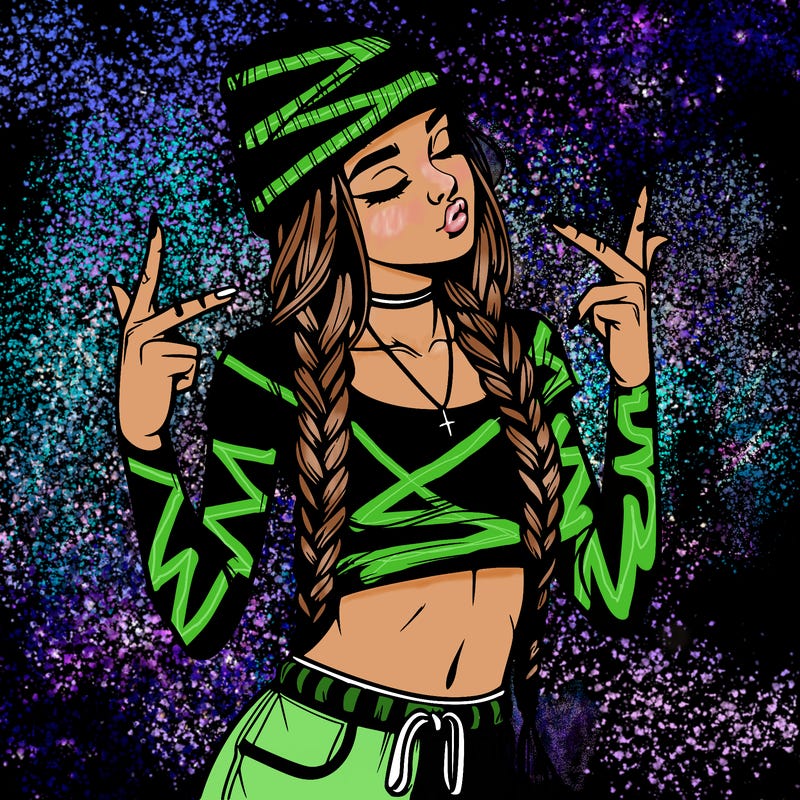 realistic teenage girl with braids and a beanie and crop top doing 🫶🏼