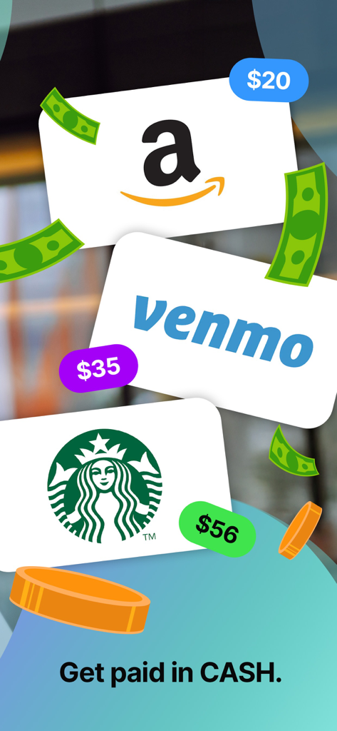 Amazon、Venmo、Starbucksのギフトカードに、浮遊する現金と「CASHで支払われる」というテキストが付いています。
