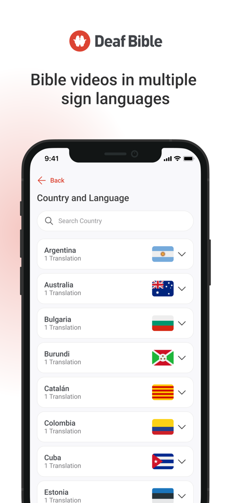A list of countries and sign language translations available in the Deaf Bible app.