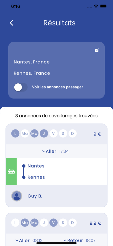 OuestGo - Écran des résultats de recherche dans l'application OuestGo montrant les offres de covoiturage entre Nantes et Rennes