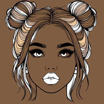 realistic girl with two buns on her hair and lips