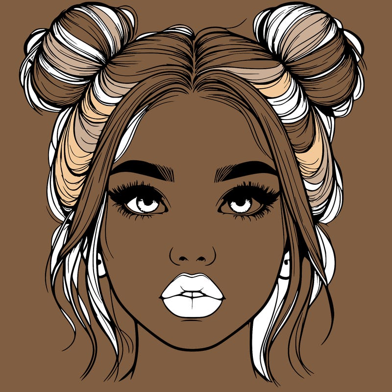 realistic girl with two buns on her hair and lips