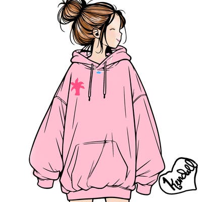 realistic girl with a oversized sweatshirt on and a bun