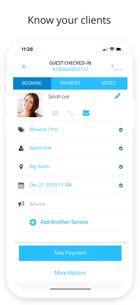 Booker Mobile app interface showing a client profile and booking details
