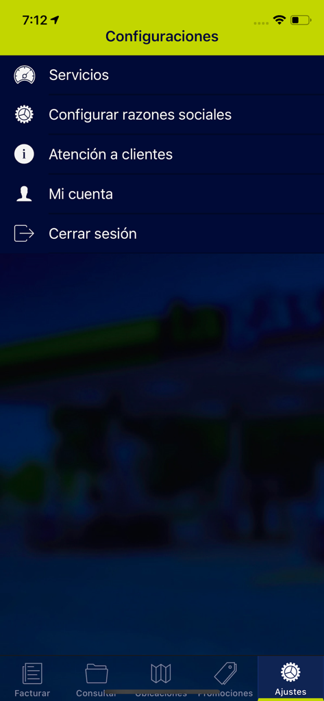 Facturación electrónica La GAS - Menú de configuración de la aplicación de facturación electrónica La GAS que muestra opciones de cuenta y configuración de identificación fiscal