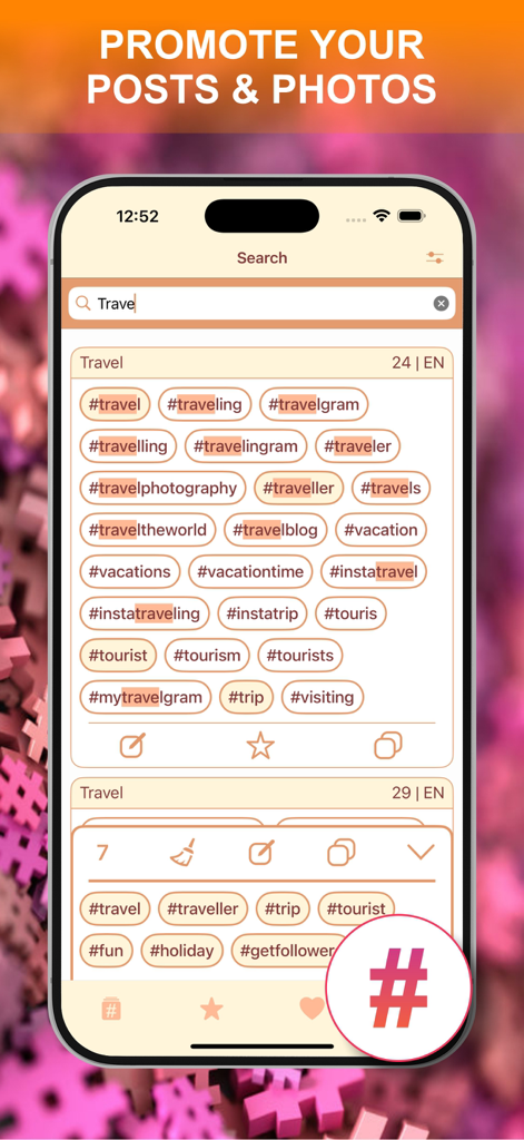 Get Followers & Boost Likes - Mobile app interface searching for travel-related hashtags to promote social media posts.