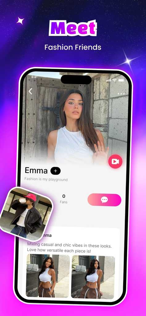 Fufi – Fashion, Video, Share - Screenshot of Fufi app showing a fashion profile and a Meet Fashion Friends heading.