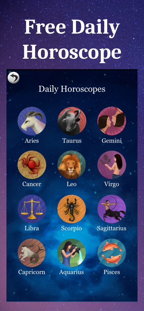 A mobile app interface displaying twelve zodiac sign icons for a free daily horoscope on a starry background.