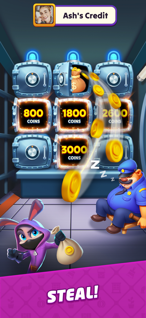 A rabbit character in a purple hoodie steals bags of coins from open safes while a bear security guard sleeps.