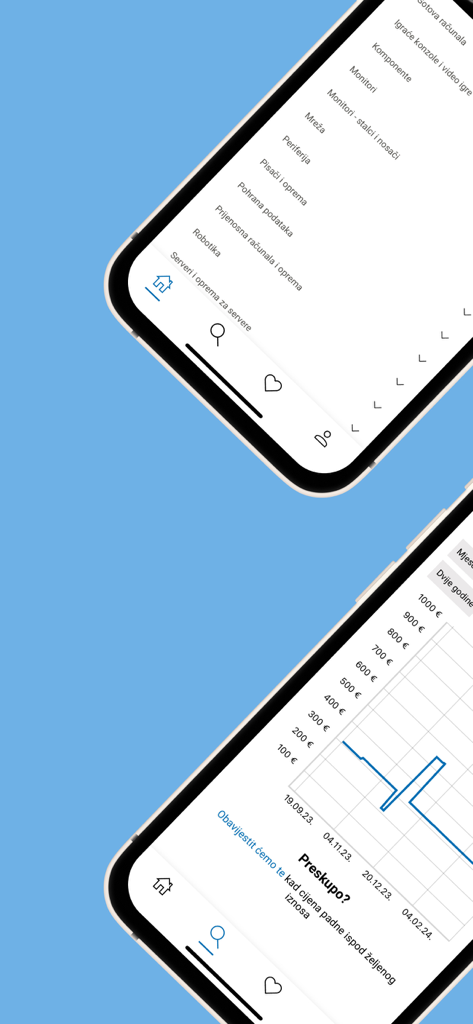 Benutzeroberfläche der Nabava.net App mit Preisverlauf-Diagramm und Produktkategorien