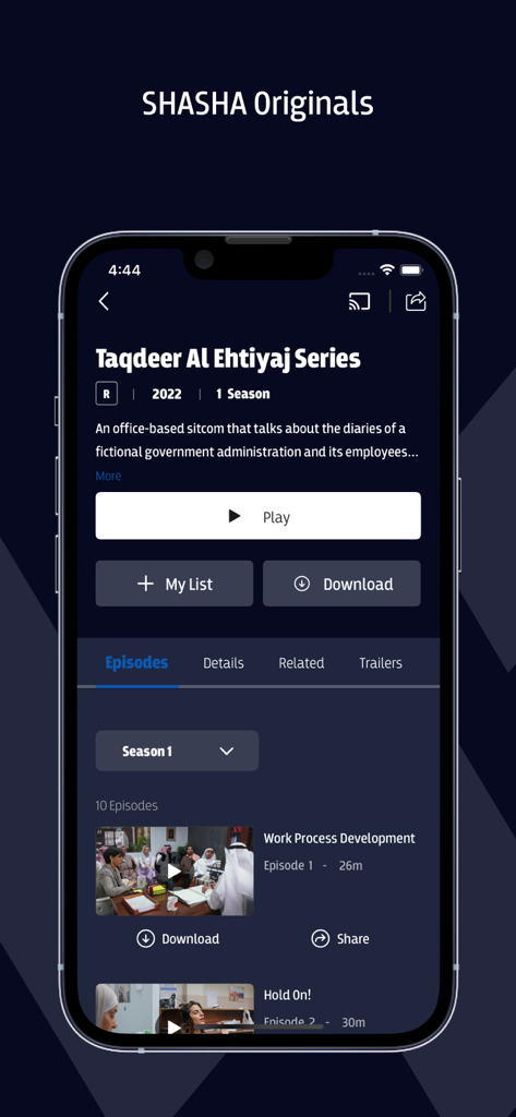 SHASHA app screen displaying the Taqdeer Al Ehtiyaj series and episode list