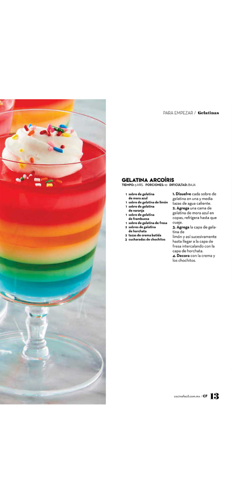 Cocina Fácil - Receta de gelatina arcoíris con capas de colores y crema batida de la aplicación Cocina Fácil