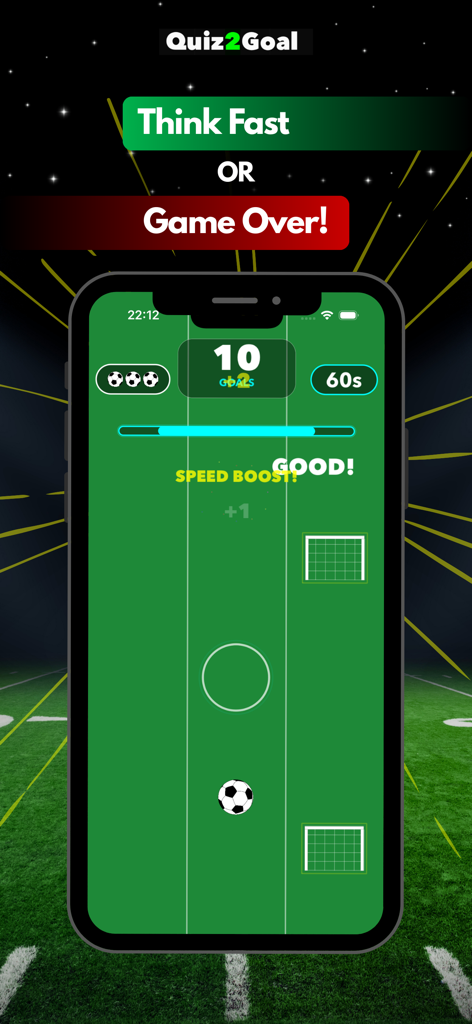 Quiz2Goal - Football Game - Mobile gameplay screen of Quiz2Goal showing a soccer ball on a green pitch with goals and score counters