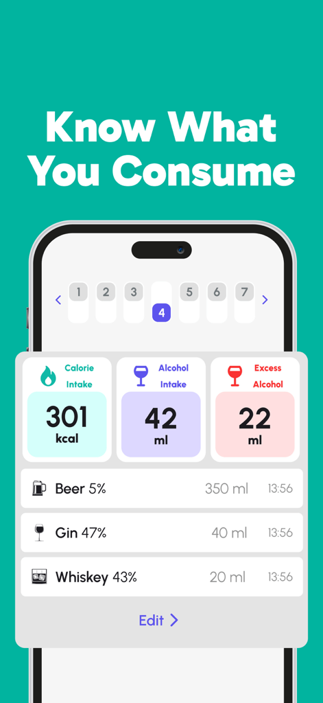 Alcohol Drink Tracker - A mobile app interface showing a summary of calorie and alcohol intake with a list of logged beverages like beer and spirits.