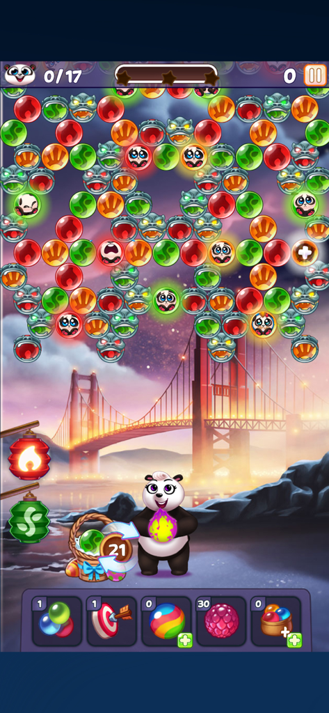 Mamãe Panda atirando bolhas coloridas para resgatar pandas bebês na jogabilidade do Panda Pop