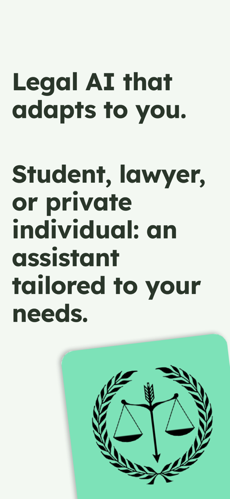Pantalla de la aplicación Asistente Legal IA que muestra soporte personalizado para estudiantes de derecho, abogados y particulares con un logo de balanza de la justicia.