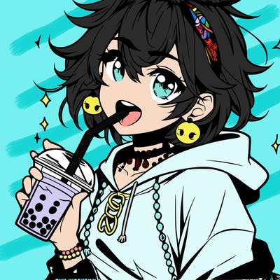 hot baddie anime girl drinking boba and biting the straw