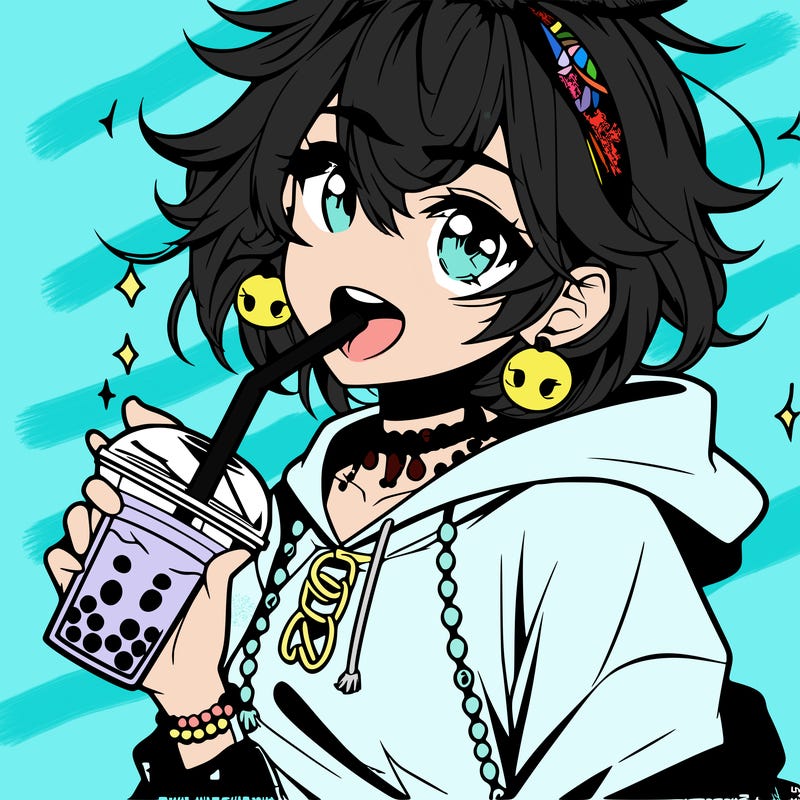 hot baddie anime girl drinking boba and biting the straw