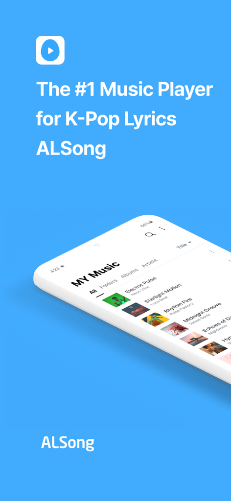 Promotional screen for ALSong music player highlighting its K-Pop lyrics feature and local music library