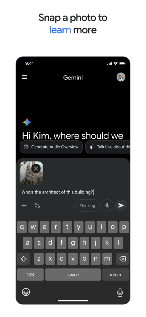 Google Gemini app interface showing a visual search query identifying the architect of a building from a photo