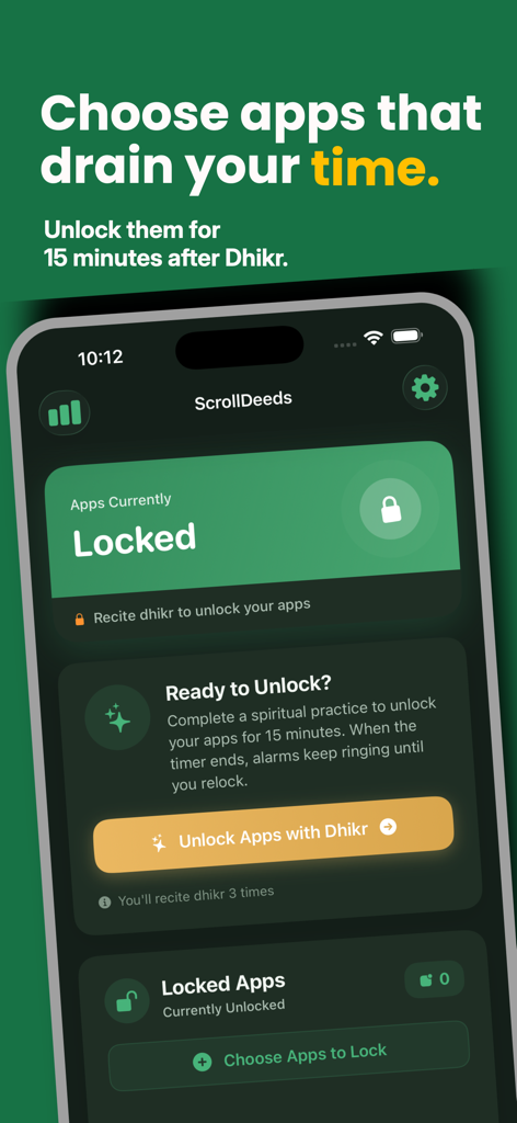 Scrolldeeds - Scrolldeeds app interface for locking distracting apps and unlocking them through dhikr recitation