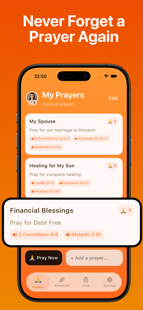 Pray Haven: Christian Journal - Interfaz de la aplicación Pray Haven que muestra una lista personalizada de peticiones de oración y versículos bíblicos.