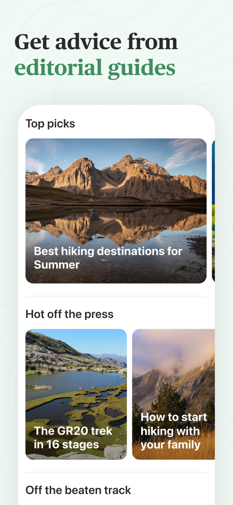 Hika - Hiking trails and maps - Interface de l'application Hika montrant des guides éditoriaux pour les destinations de randonnée d'été et le trek du GR20.