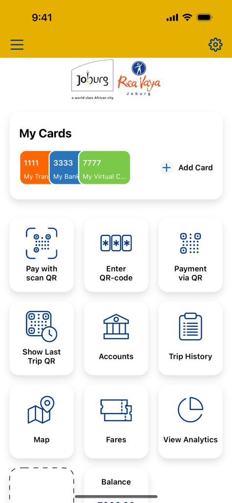 Rea Vaya - Rea Vaya mobile app home screen showing transit options like QR payments and trip history