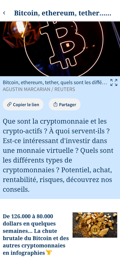 Captura de tela do aplicativo Le Figaro mostrando um artigo sobre notícias de Bitcoin e criptomoedas