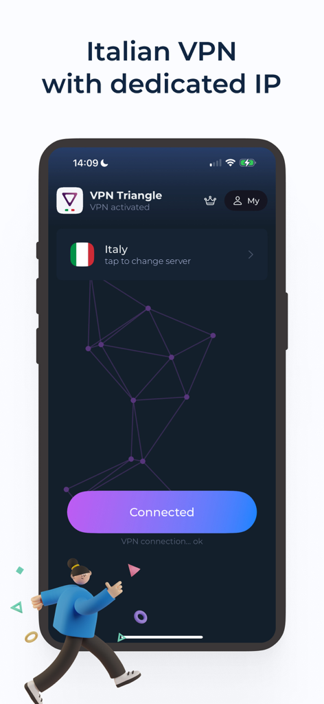 Interface do aplicativo VPN Itália em um smartphone mostrando uma conexão bem-sucedida a um IP italiano.