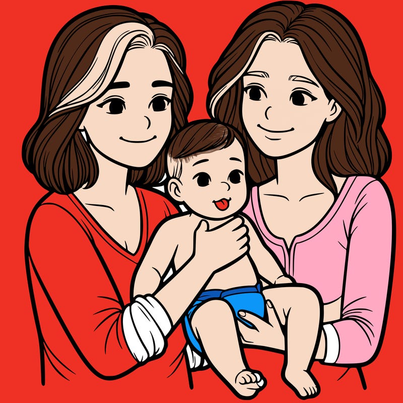 two realistic women holding one baby together